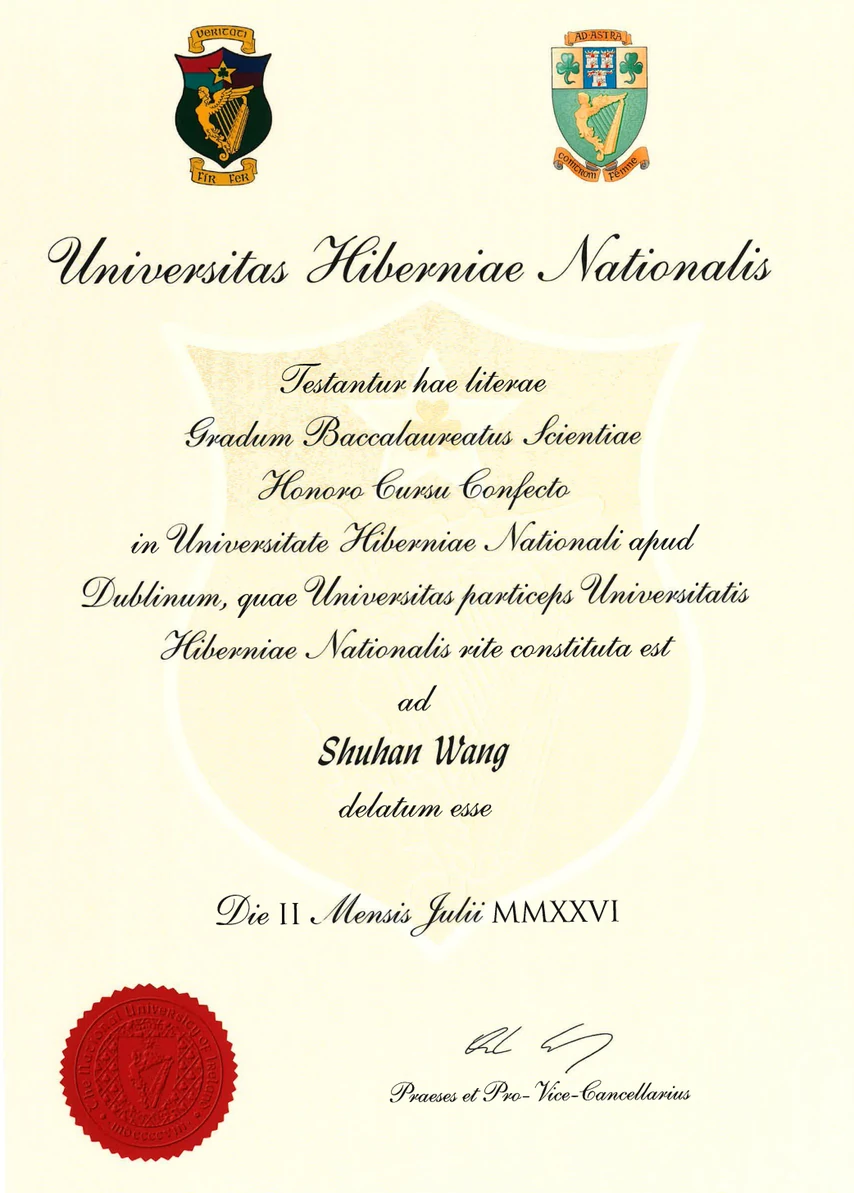 University College Dublin First Class Honours degree certificate awarded to Shuhan Wang