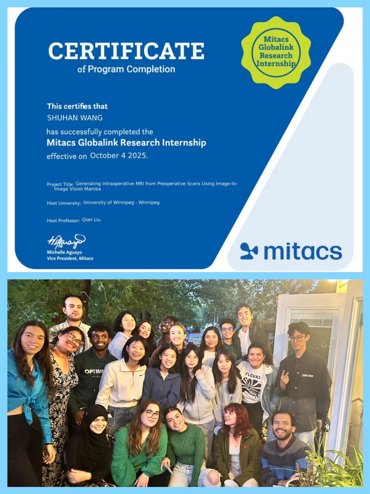 Mitacs certificate and a group gathering with fellow programme participants in Winnipeg